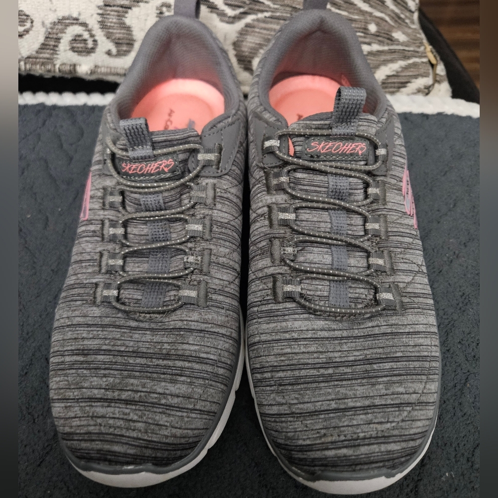Skechers,,12820 Women's Charcoal and Pink Slip-On Sneakers